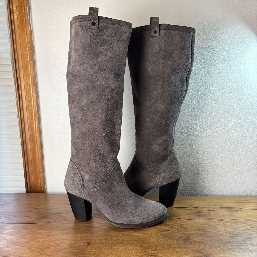 UGG Ava Tall Boots Womens 9 Grey Suede Leather Block Heel Knee High 1013679